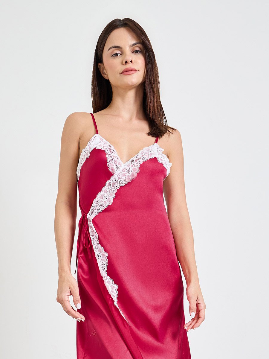 burgundy Lace Trims Strappy Satin Wrap Slip