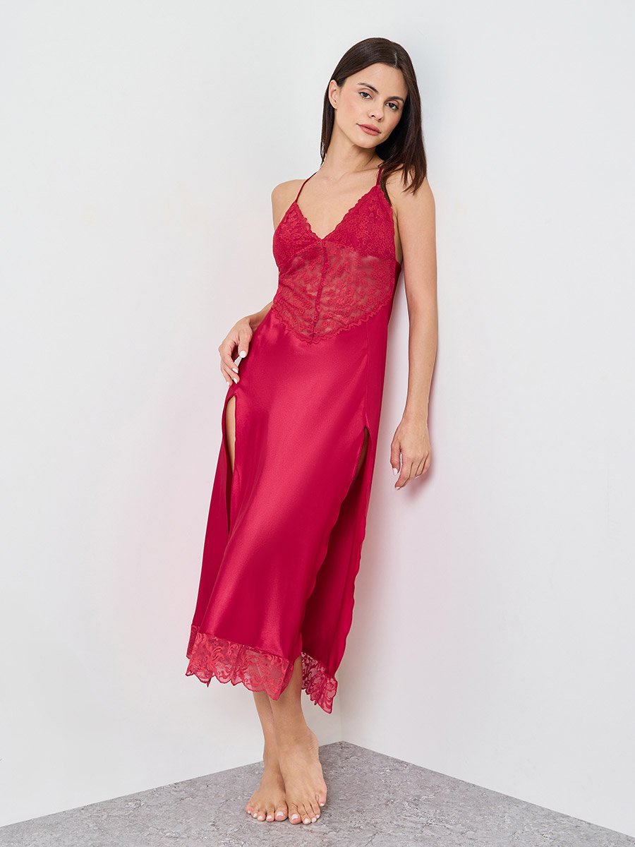 Burgundy Lace-Trim Slip Dress with Side Slit