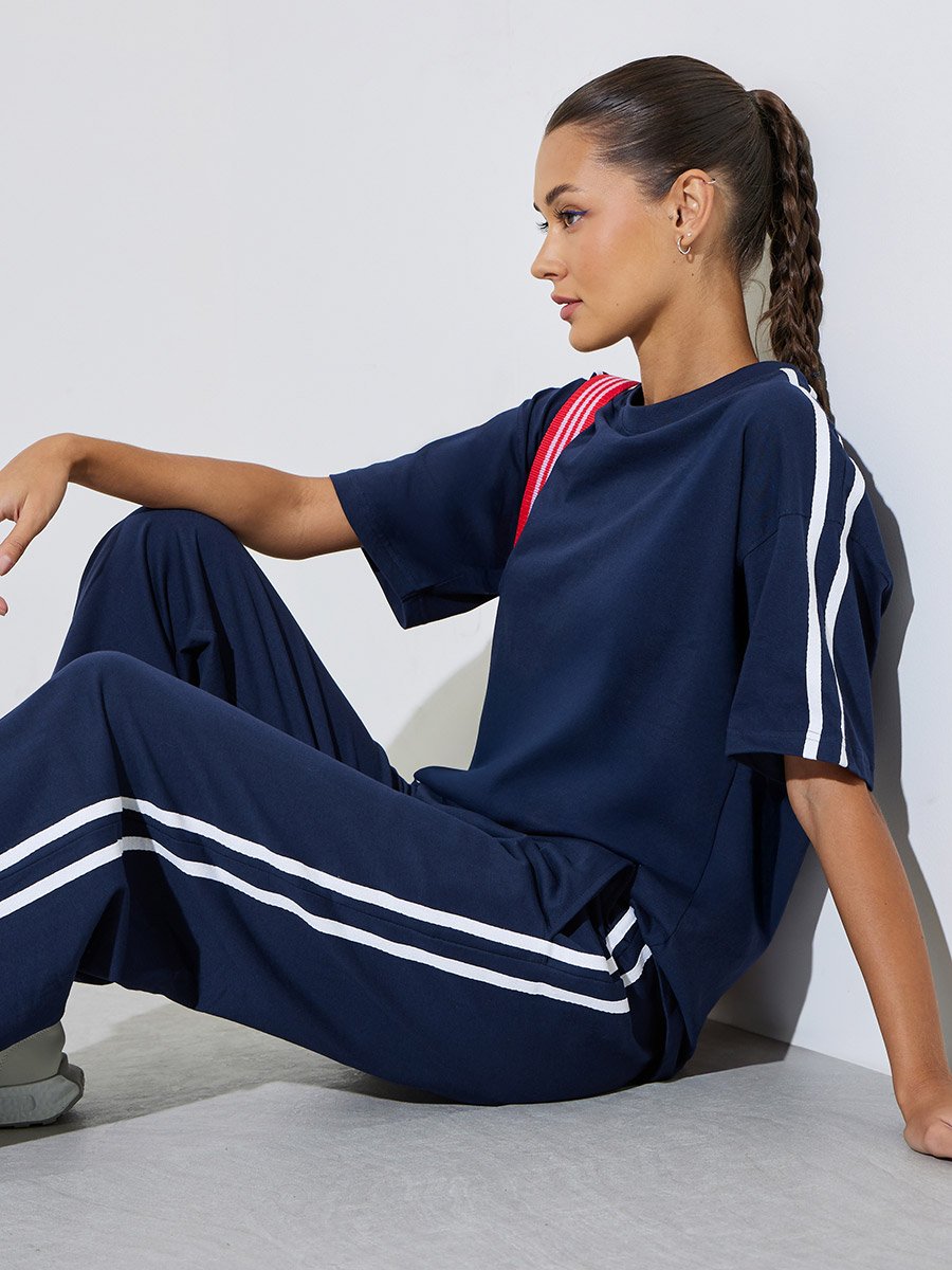 Navy Blue Side Striped T-Shirt and Wide Leg Joggers Set