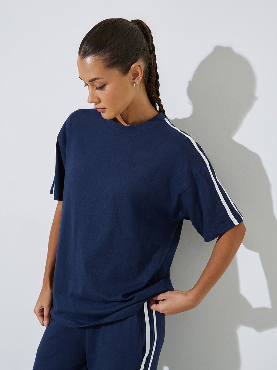 Navy Blue Side Striped T-Shirt and Wide Leg Joggers Set