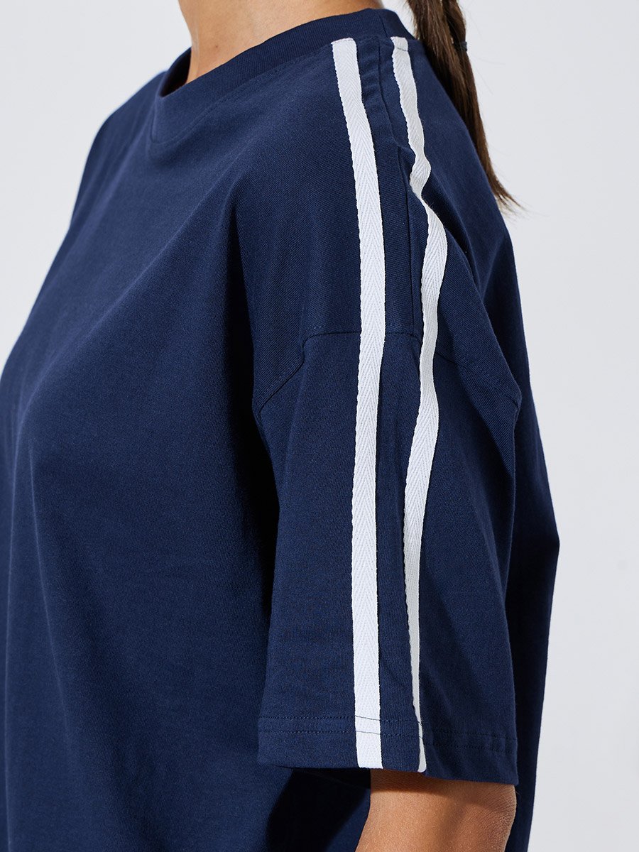 Navy Blue Side Striped T-Shirt and Wide Leg Joggers Set