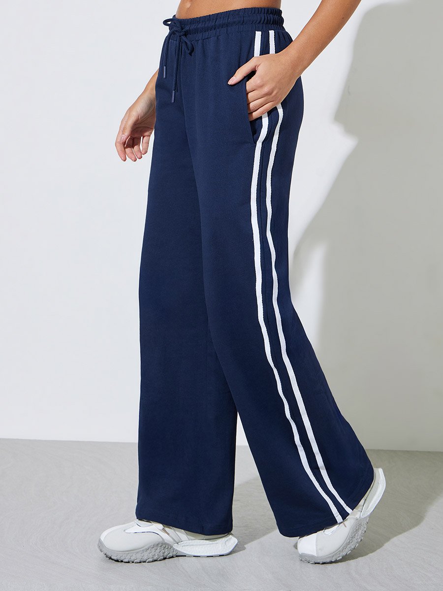 Navy Blue Side Striped T-Shirt and Wide Leg Joggers Set