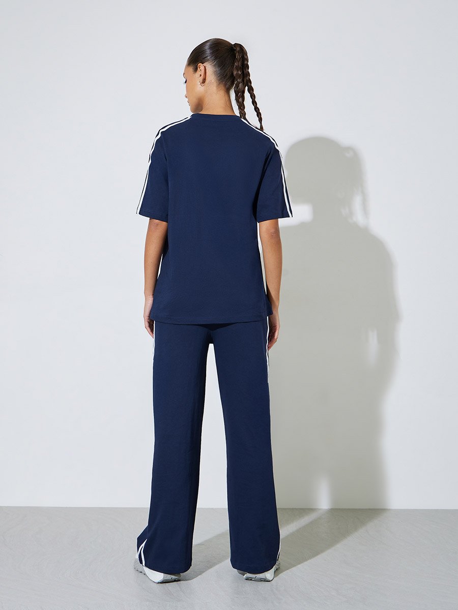 Navy Blue Side Striped T-Shirt and Wide Leg Joggers Set
