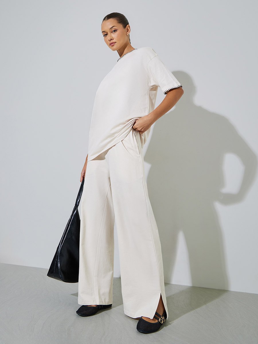 Cream Contrast Stitching T-Shirt and Wide Leg Side Slit Joggers Set