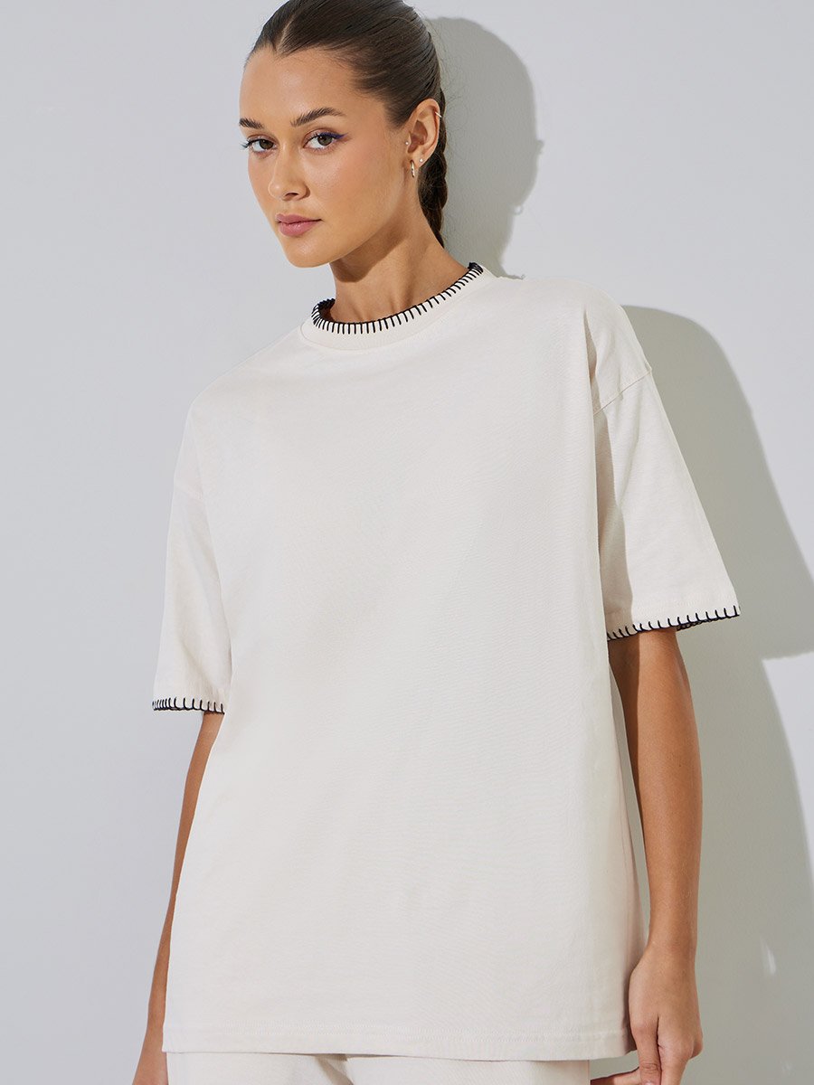 Cream Contrast Stitching T-Shirt and Wide Leg Side Slit Joggers Set