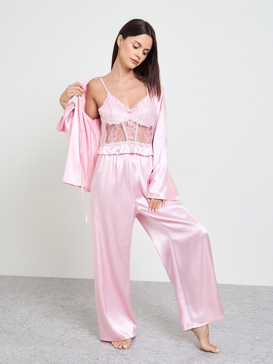 Pink Pack of 3 - Satin Lace Cami, Robe and Pyjama Set