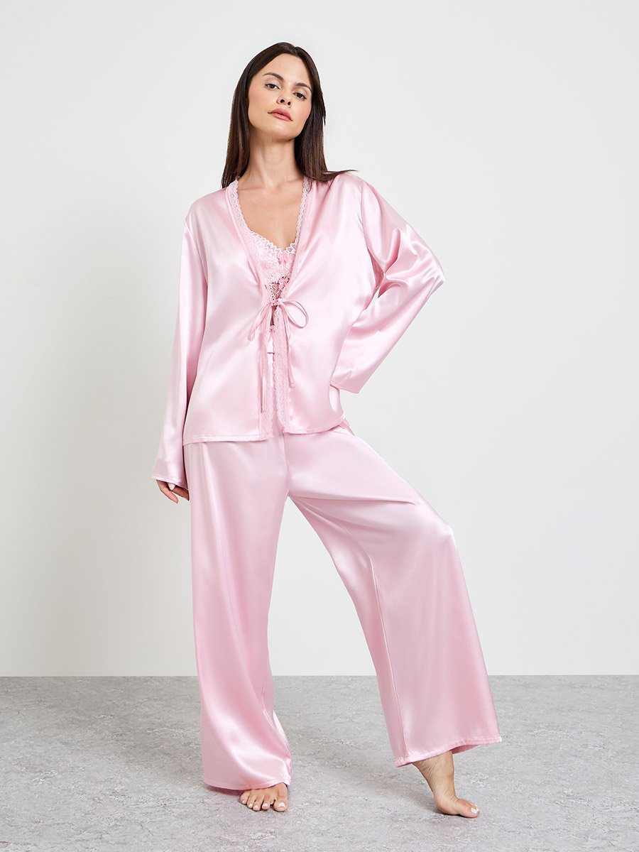Pink Pack of 3 - Satin Lace Cami, Robe and Pyjama Set