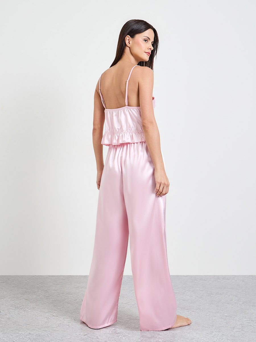 Pink Pack of 3 - Satin Lace Cami, Robe and Pyjama Set