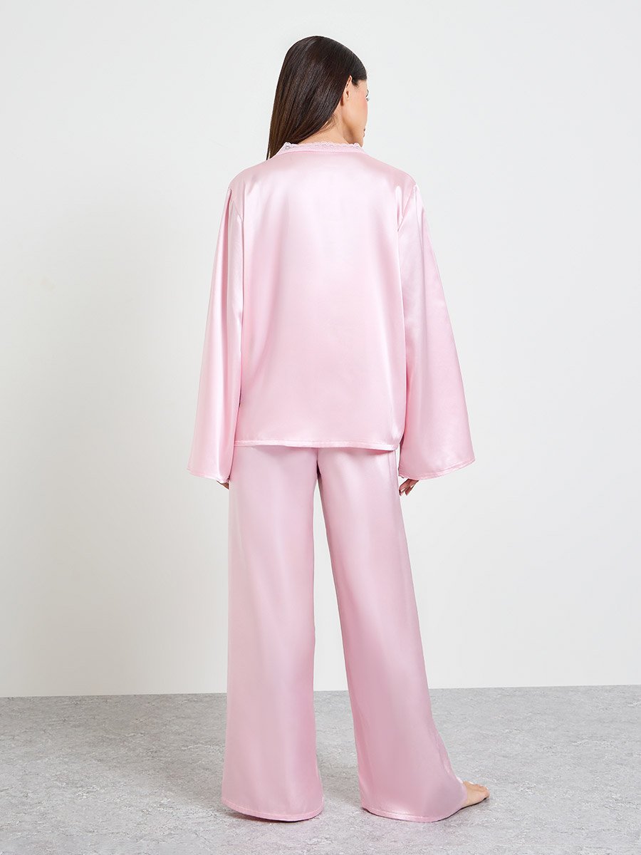 Pink Pack of 3 - Satin Lace Cami, Robe and Pyjama Set