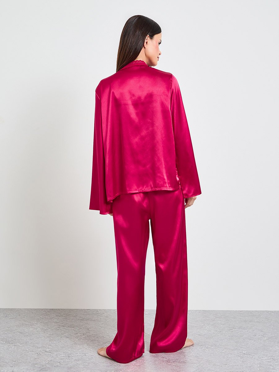 Burgundy Satin Pyjama Set with Lace Cami and Robe