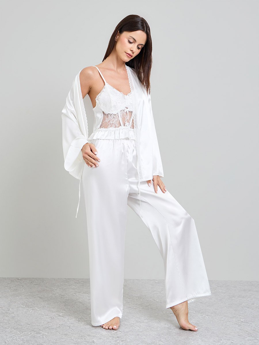 White Pack of 3 - Satin Lace Cami, Robe and Pyjama Set