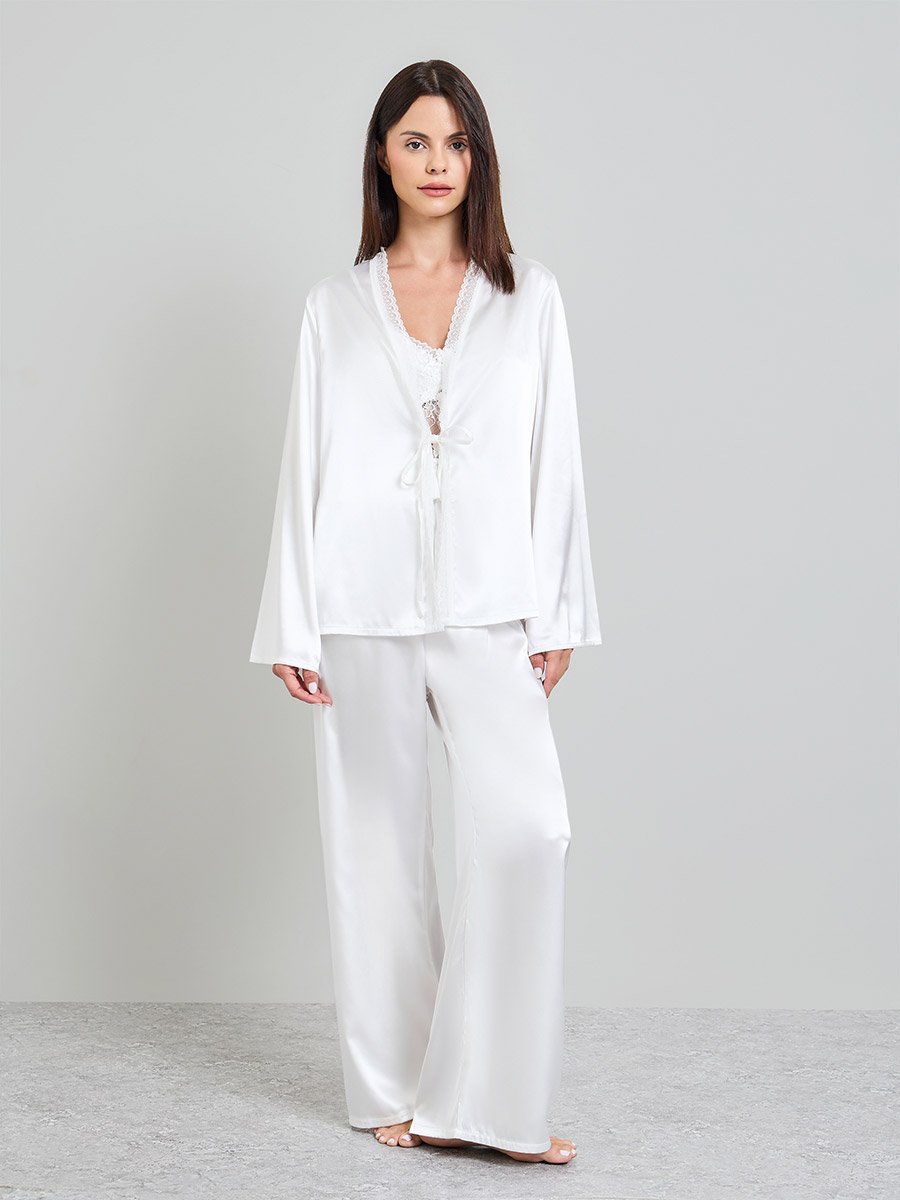 White Pack of 3 - Satin Lace Cami, Robe and Pyjama Set