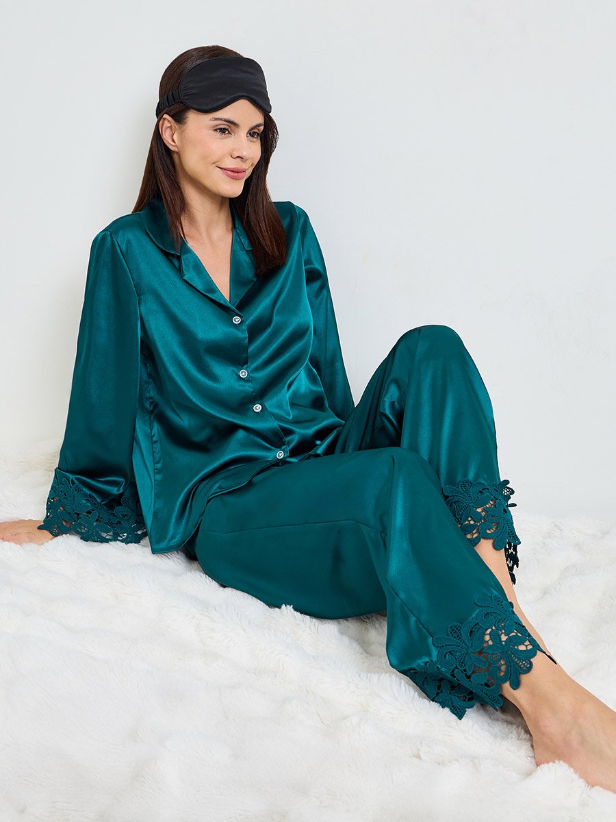 Turquoise Lace Trim Satin Long Sleeves Shirt and Pants Pajama Set