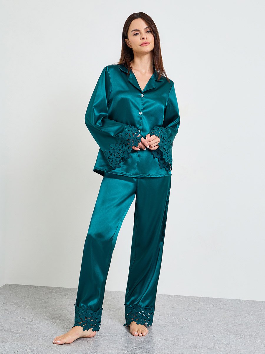 Turquoise Lace Trim Satin Long Sleeves Shirt and Pants Pajama Set