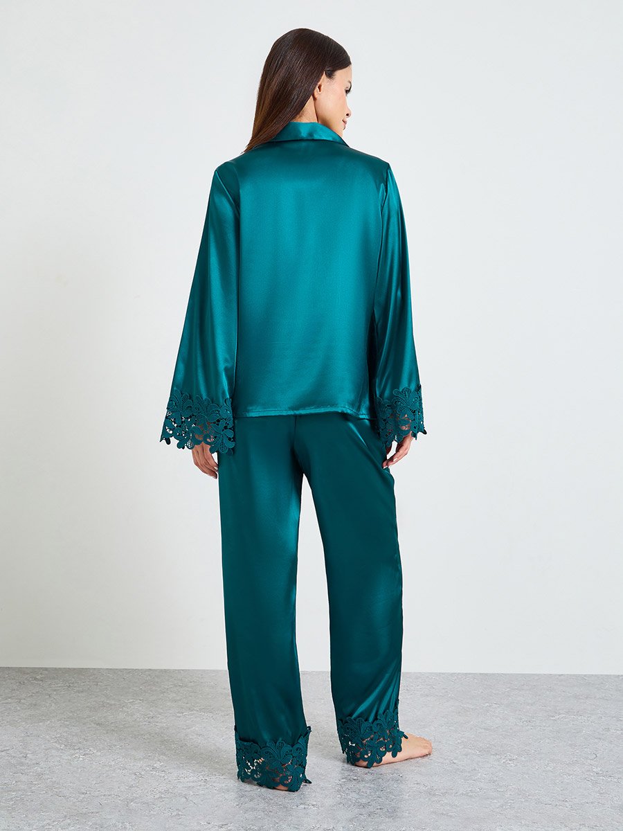 Turquoise Lace Trim Satin Long Sleeves Shirt and Pants Pajama Set