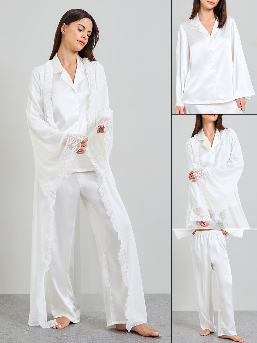 Pack of 3 - White Satin with lace Details Robe, Shirt and Pants Pajama Set