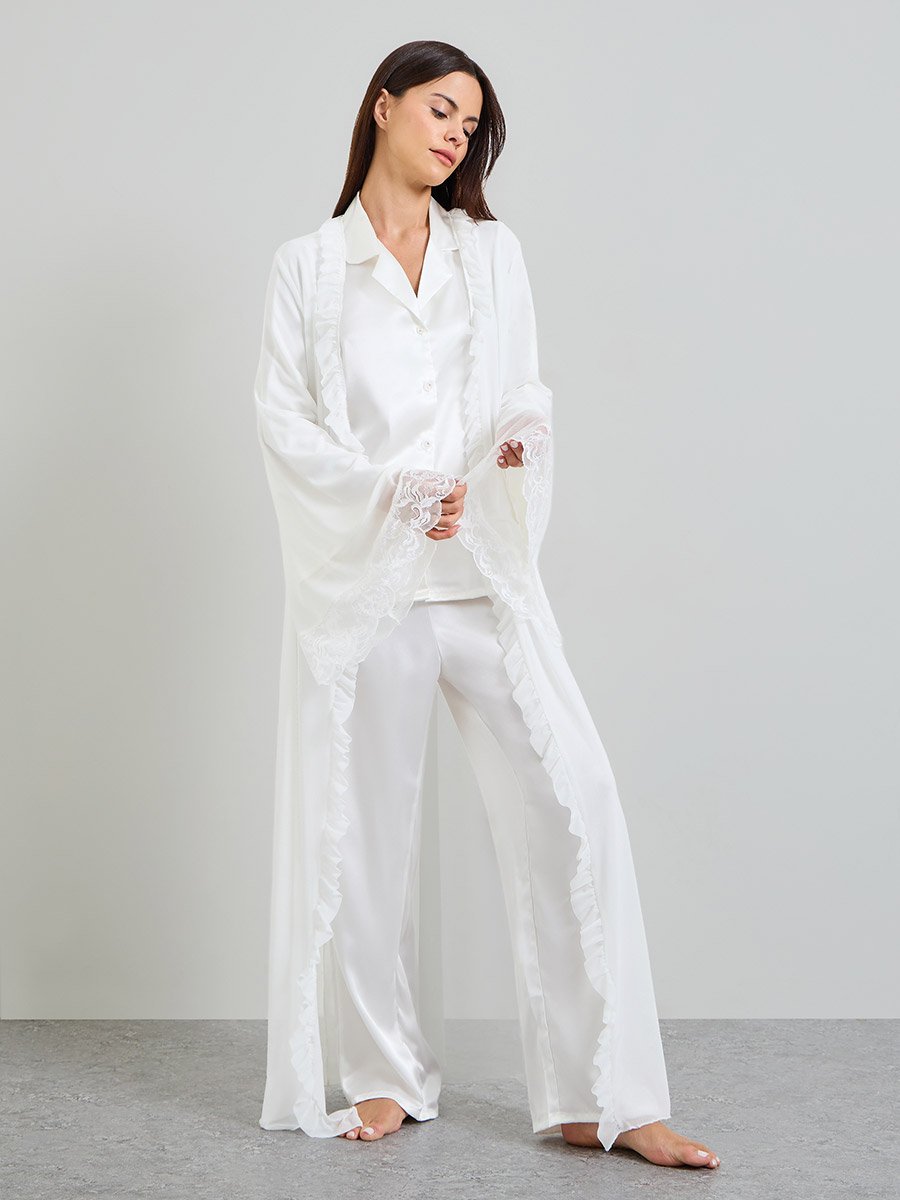 Pack of 3 - White Satin with lace Details Robe, Shirt and Pants Pajama Set