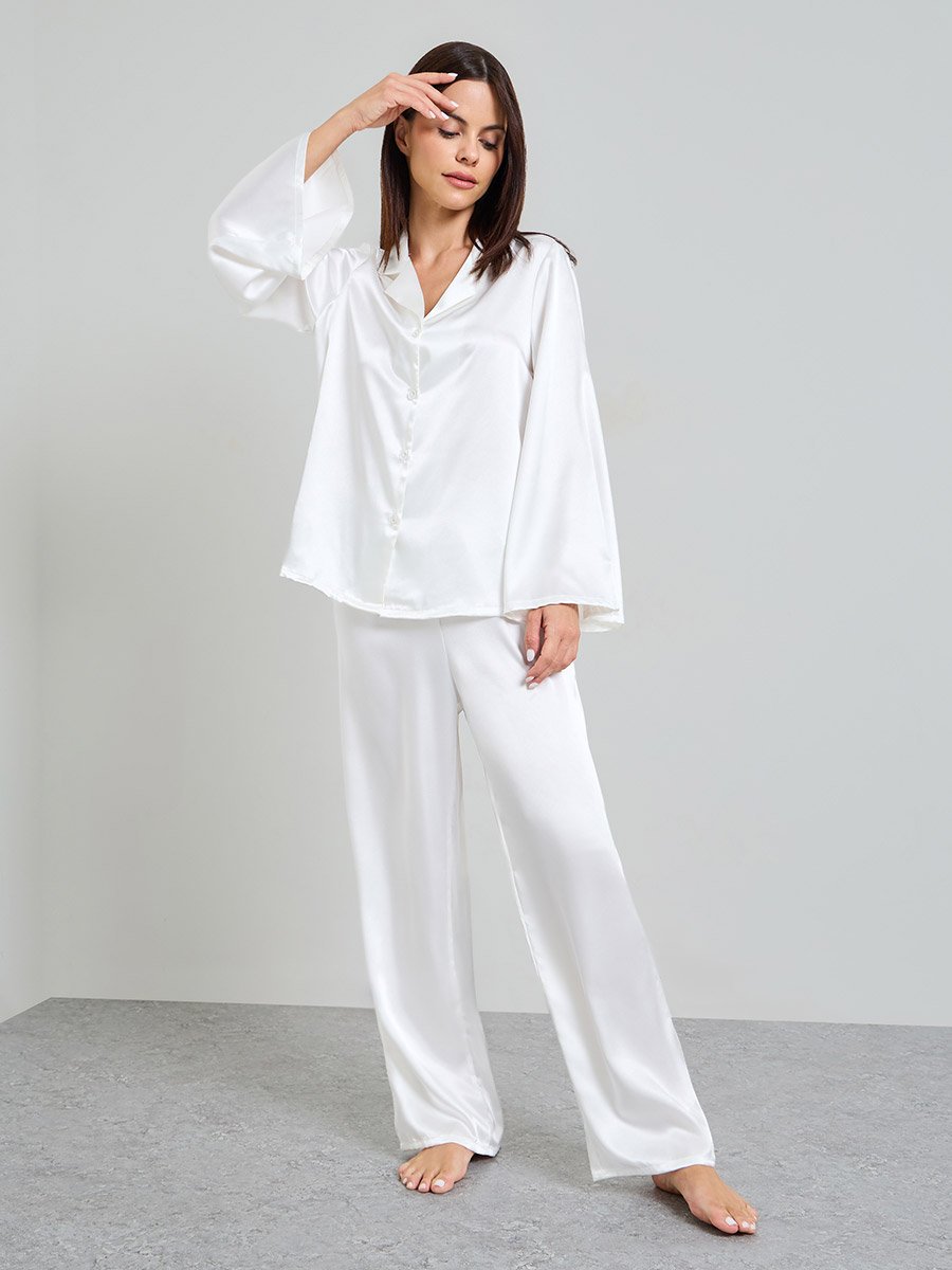 Pack of 3 - White Satin with lace Details Robe, Shirt and Pants Pajama Set