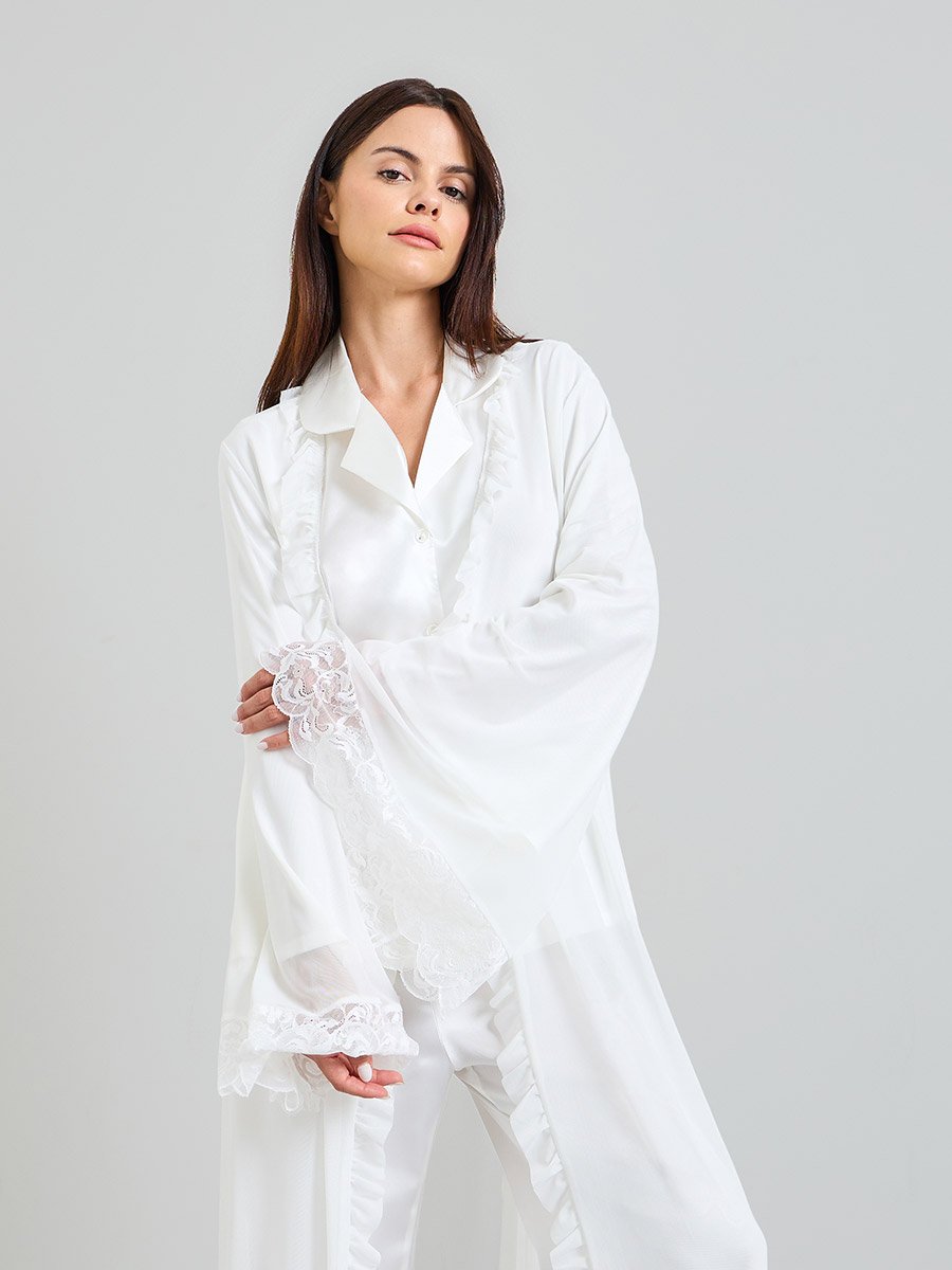 Pack of 3 - White Satin with lace Details Robe, Shirt and Pants Pajama Set