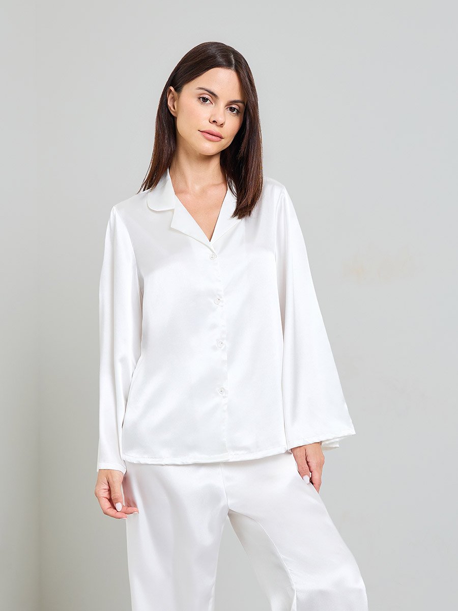 Pack of 3 - White Satin with lace Details Robe, Shirt and Pants Pajama Set