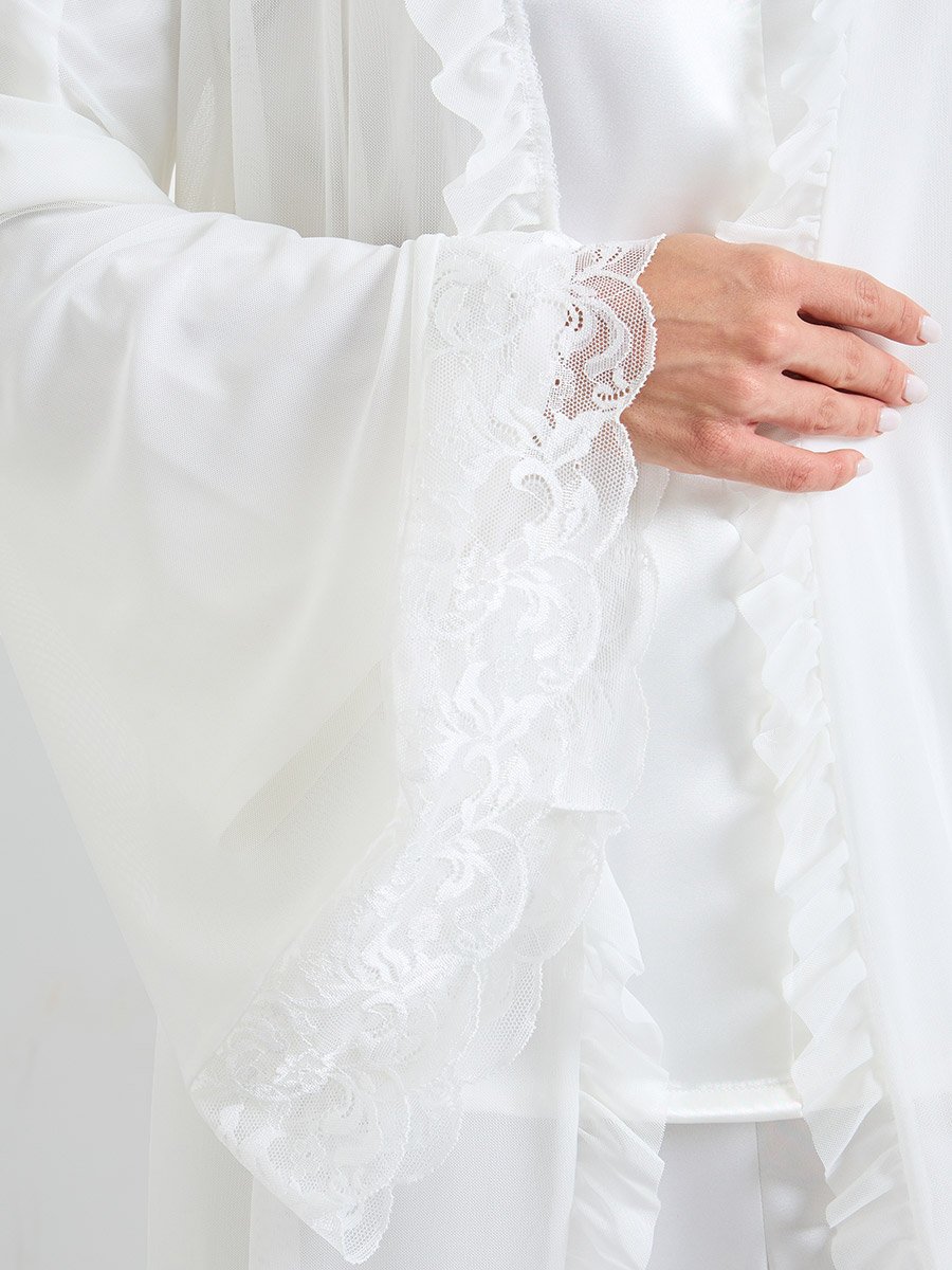 Pack of 3 - White Satin with lace Details Robe, Shirt and Pants Pajama Set