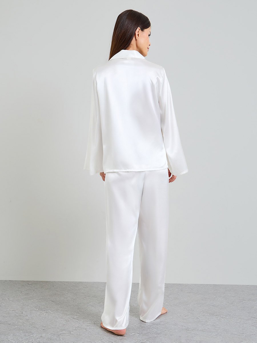 Pack of 3 - White Satin with lace Details Robe, Shirt and Pants Pajama Set