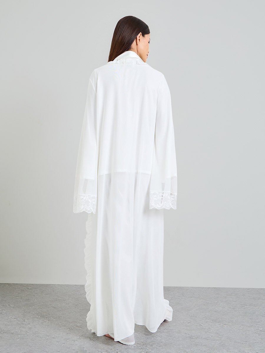 Pack of 3 - White Satin with lace Details Robe, Shirt and Pants Pajama Set