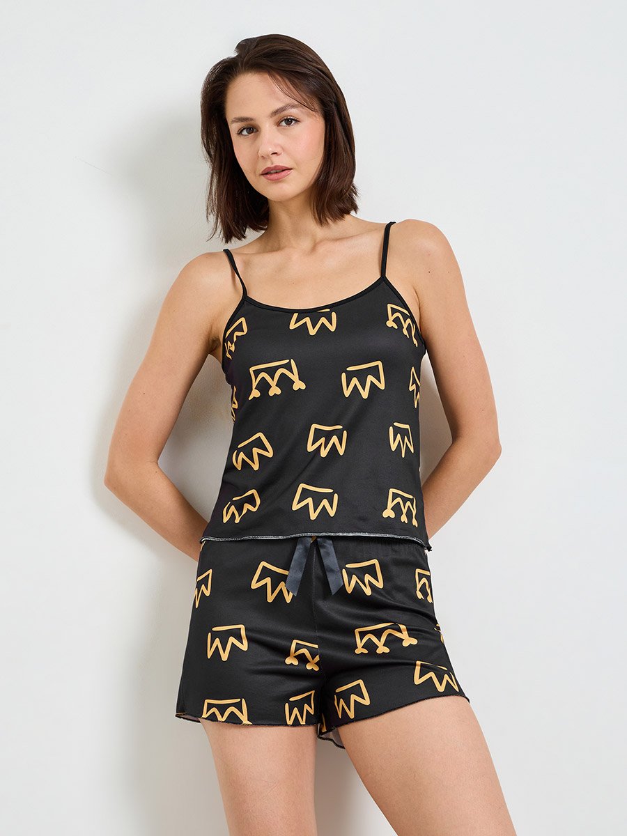Black Graphic Crown Cami and Shorts Pajama Set