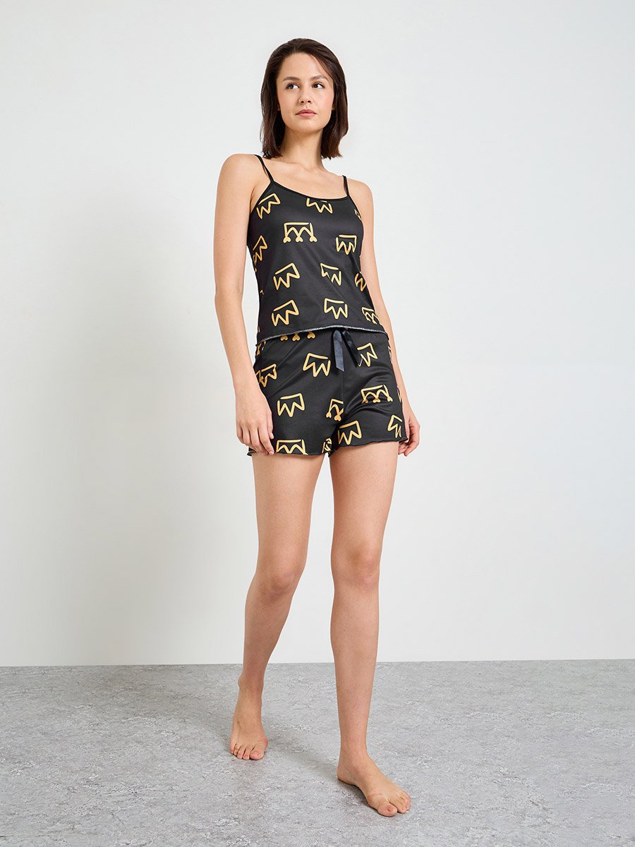 Black Graphic Crown Cami and Shorts Pajama Set