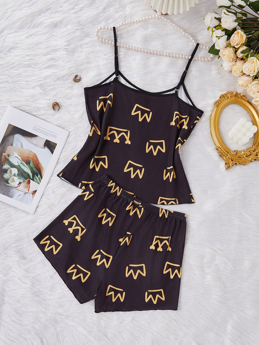 Black Graphic Crown Cami and Shorts Pajama Set