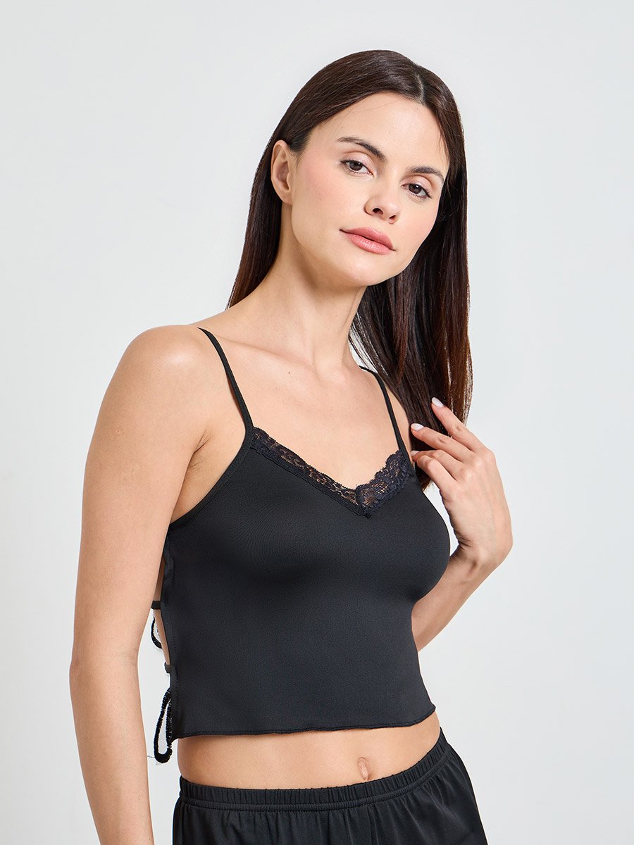 Black Lace Trims Butterfly Back Cami Top and Shorts Pajama Set