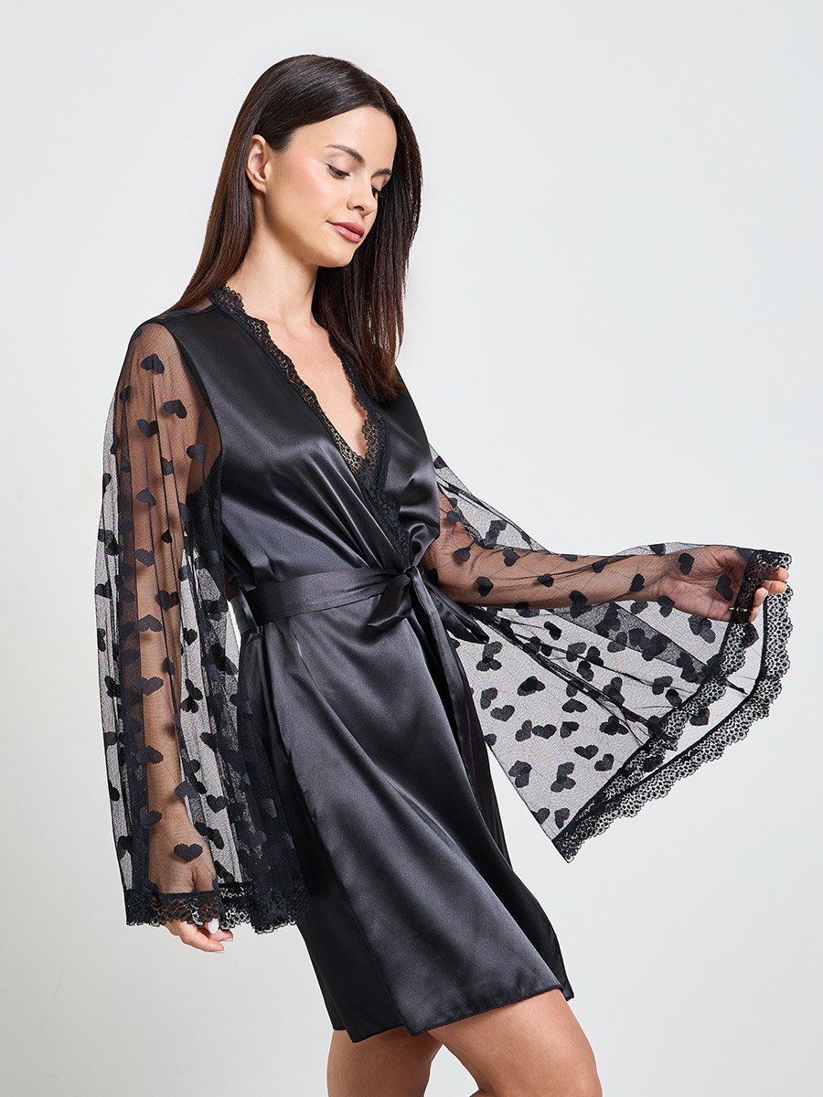 Black Satin Mesh Heart Pattern Robe