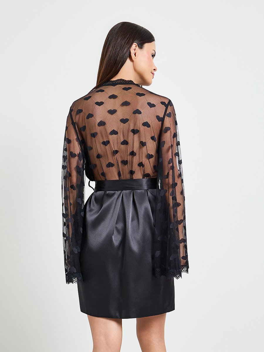 Black Satin Mesh Heart Pattern Robe