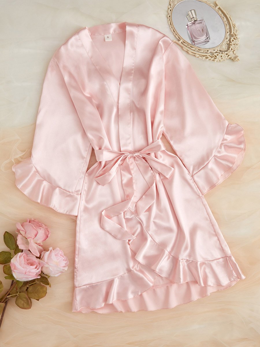 Light Pink Satin Ruffled Trims Robe