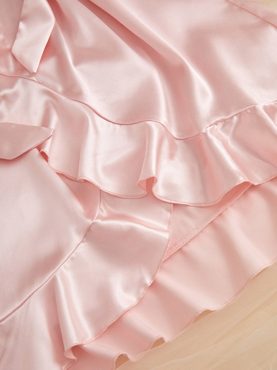 Light Pink Satin Ruffled Trims Robe