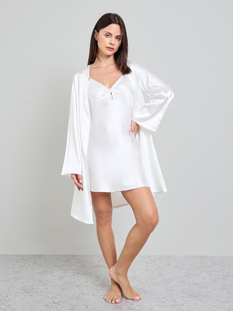 White Long Sleeve Satin Robe