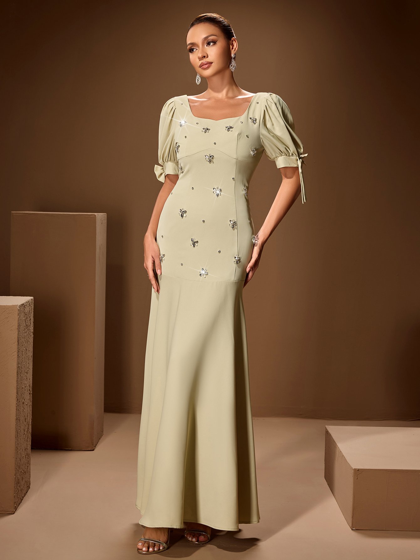 Square Neck Dress with Rhinestones