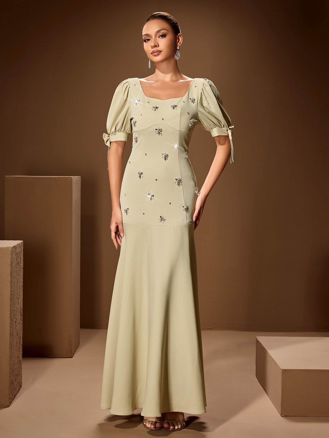 Square Neck Dress with Rhinestones
