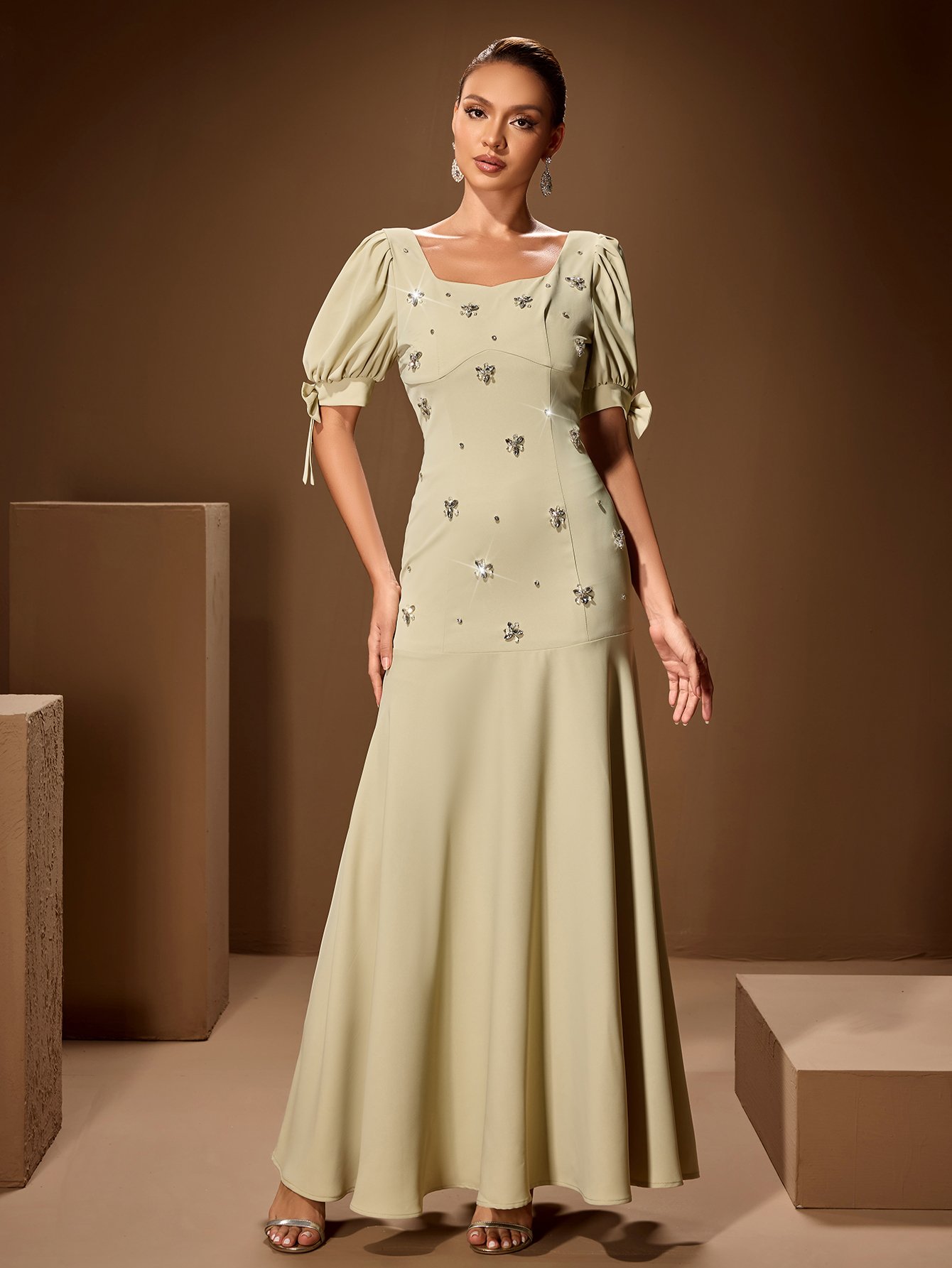 Square Neck Dress with Rhinestones
