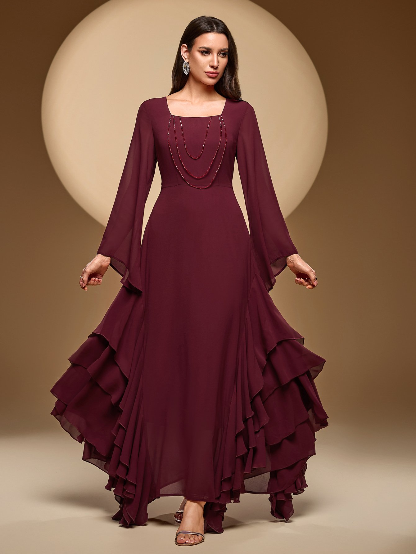 Square Neck Beaded Ruffle Trim Maxi Dress