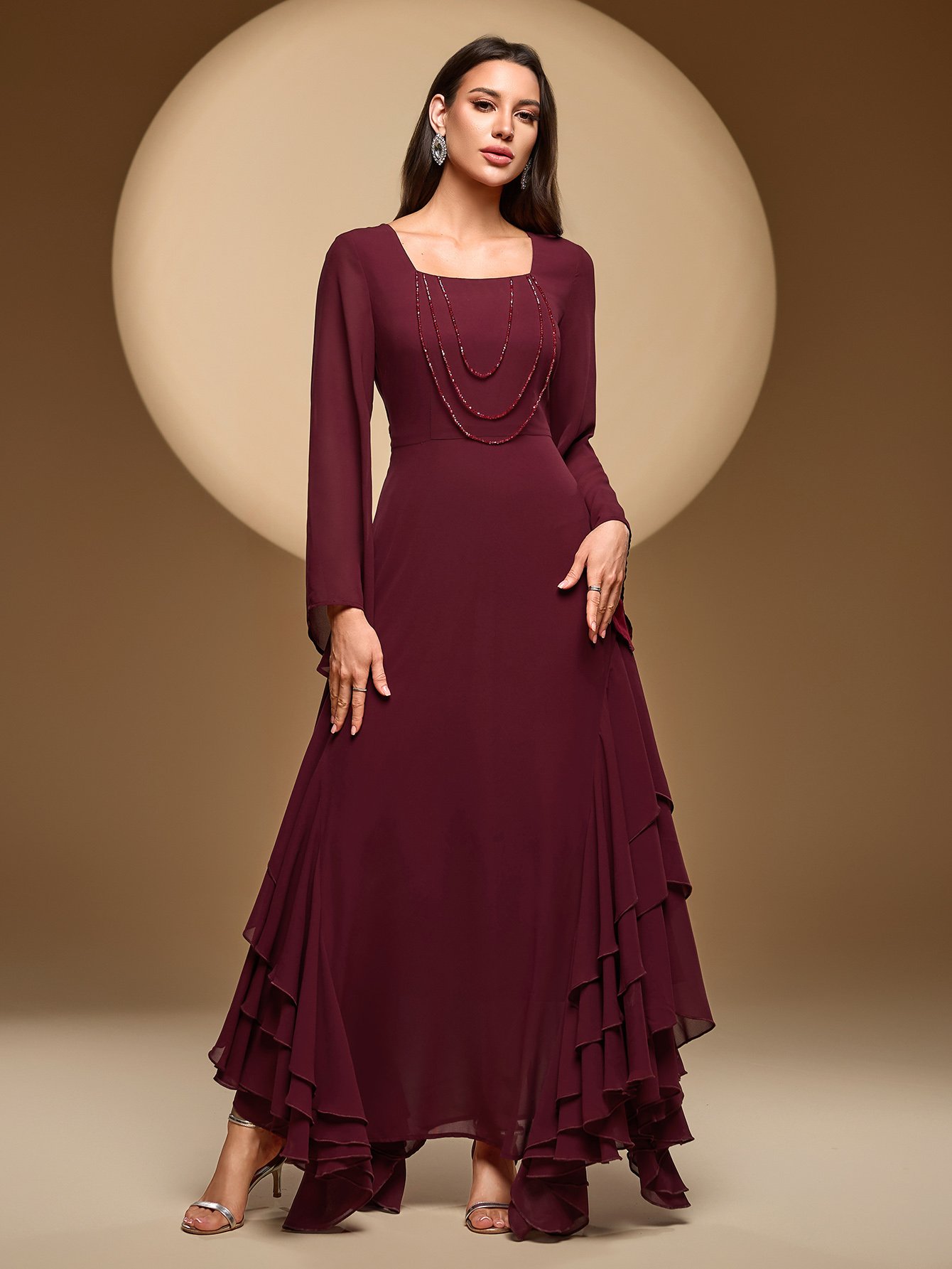 Square Neck Beaded Ruffle Trim Maxi Dress