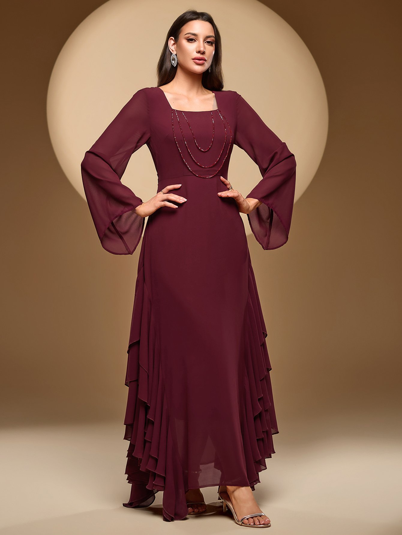 Square Neck Beaded Ruffle Trim Maxi Dress