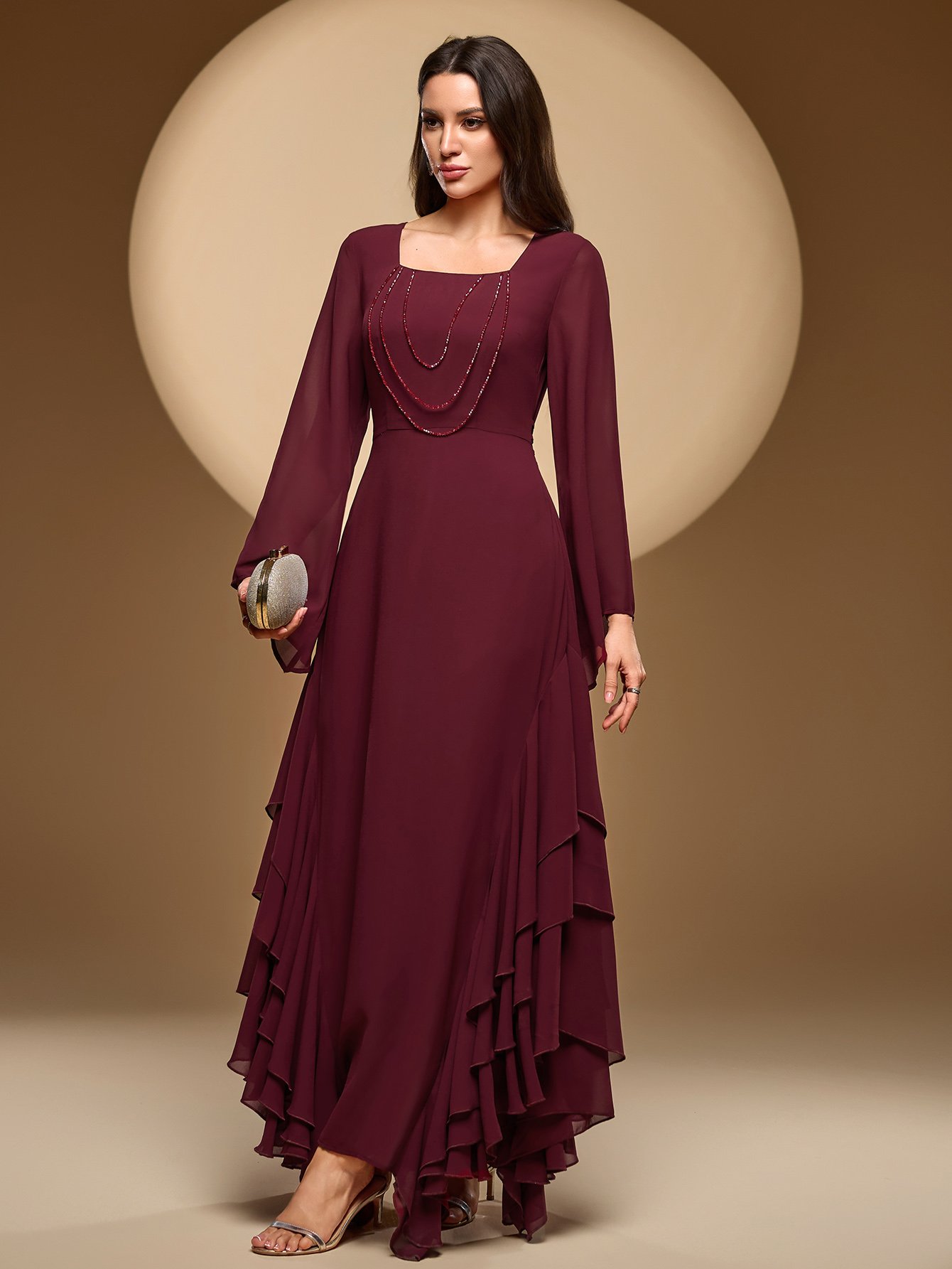 Square Neck Beaded Ruffle Trim Maxi Dress
