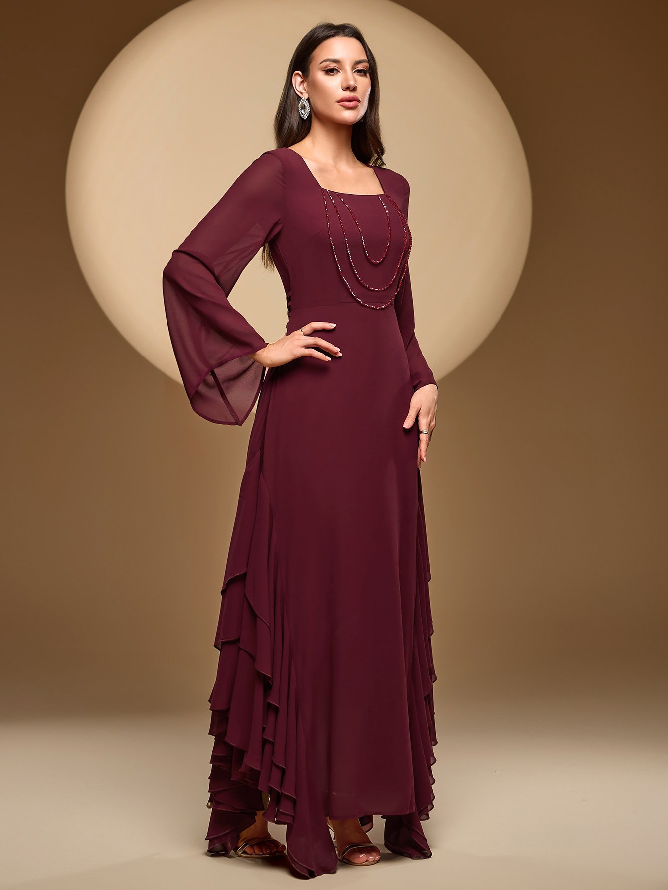 Square Neck Beaded Ruffle Trim Maxi Dress