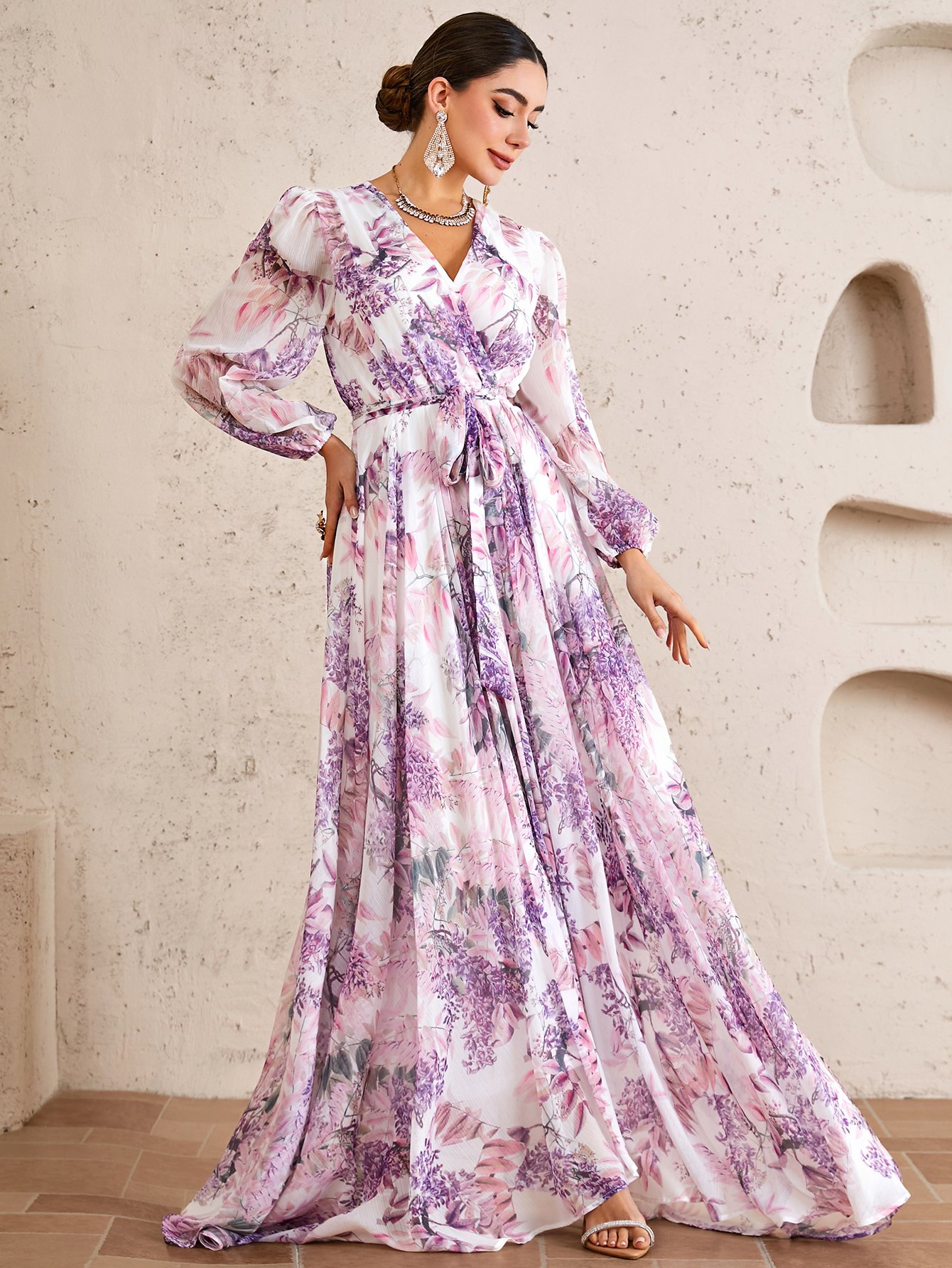 Printed Cross Collar Maxi Dress