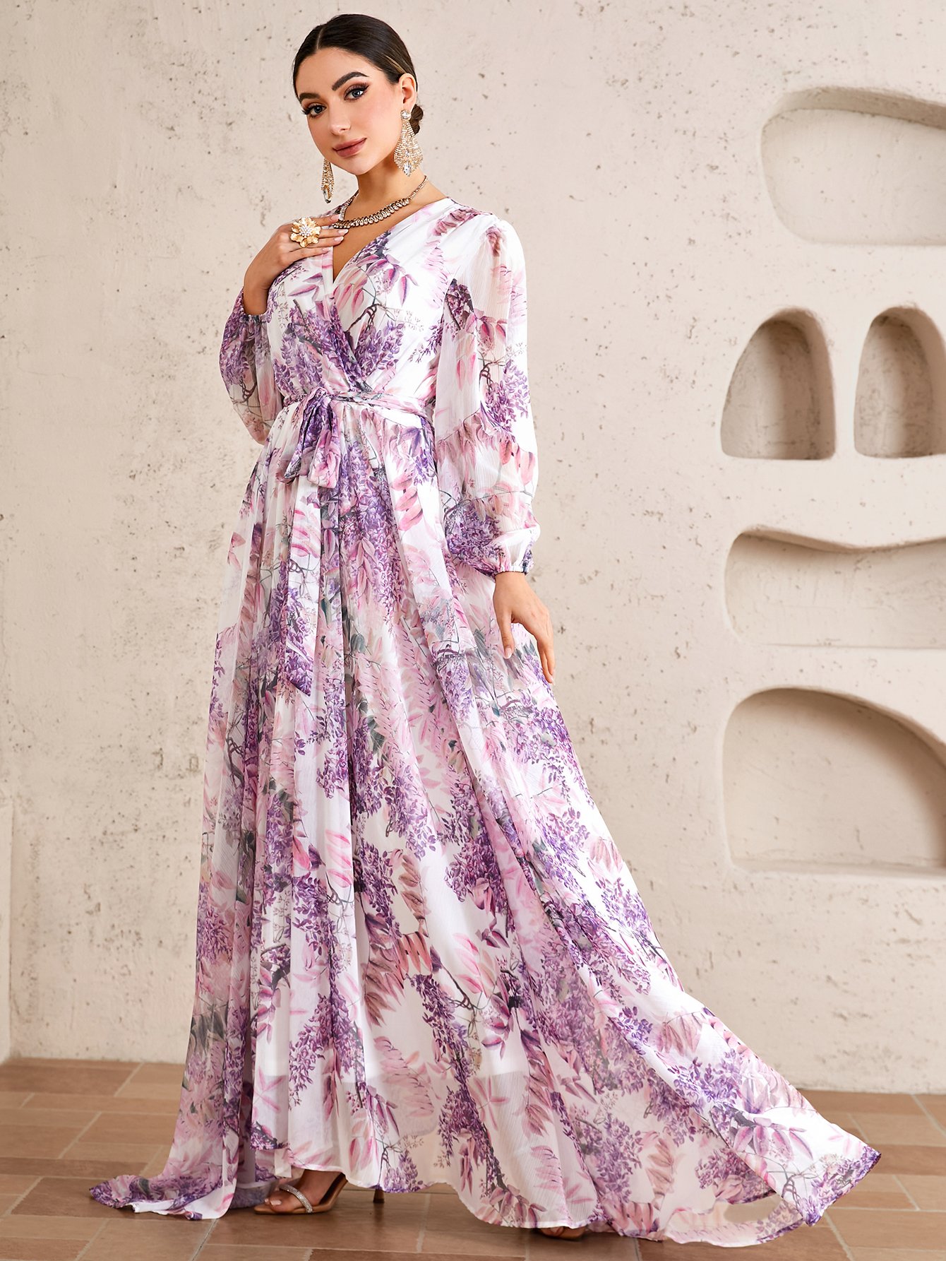 Printed Cross Collar Maxi Dress