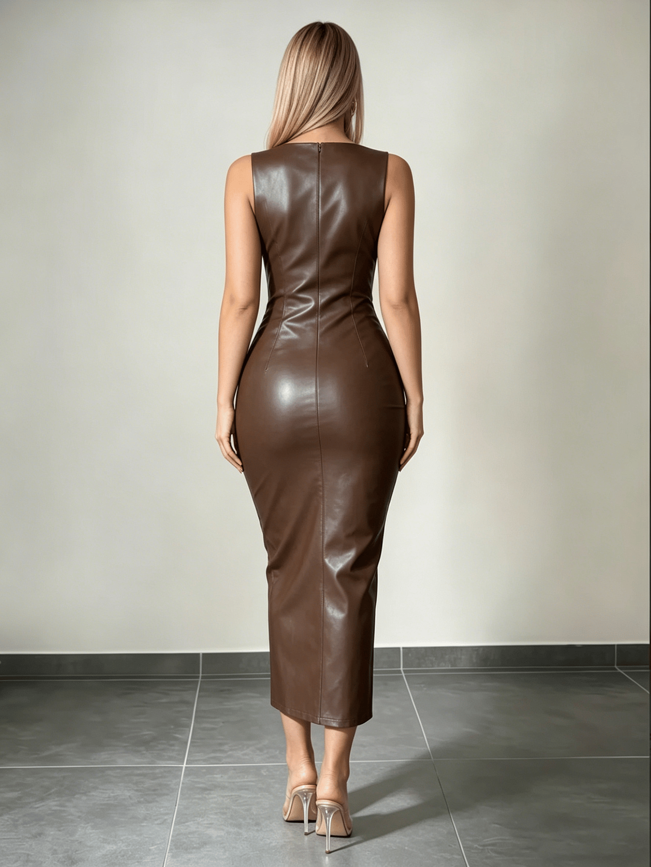 Chocolate Brown Faux Leather Bodycon Midi Dress