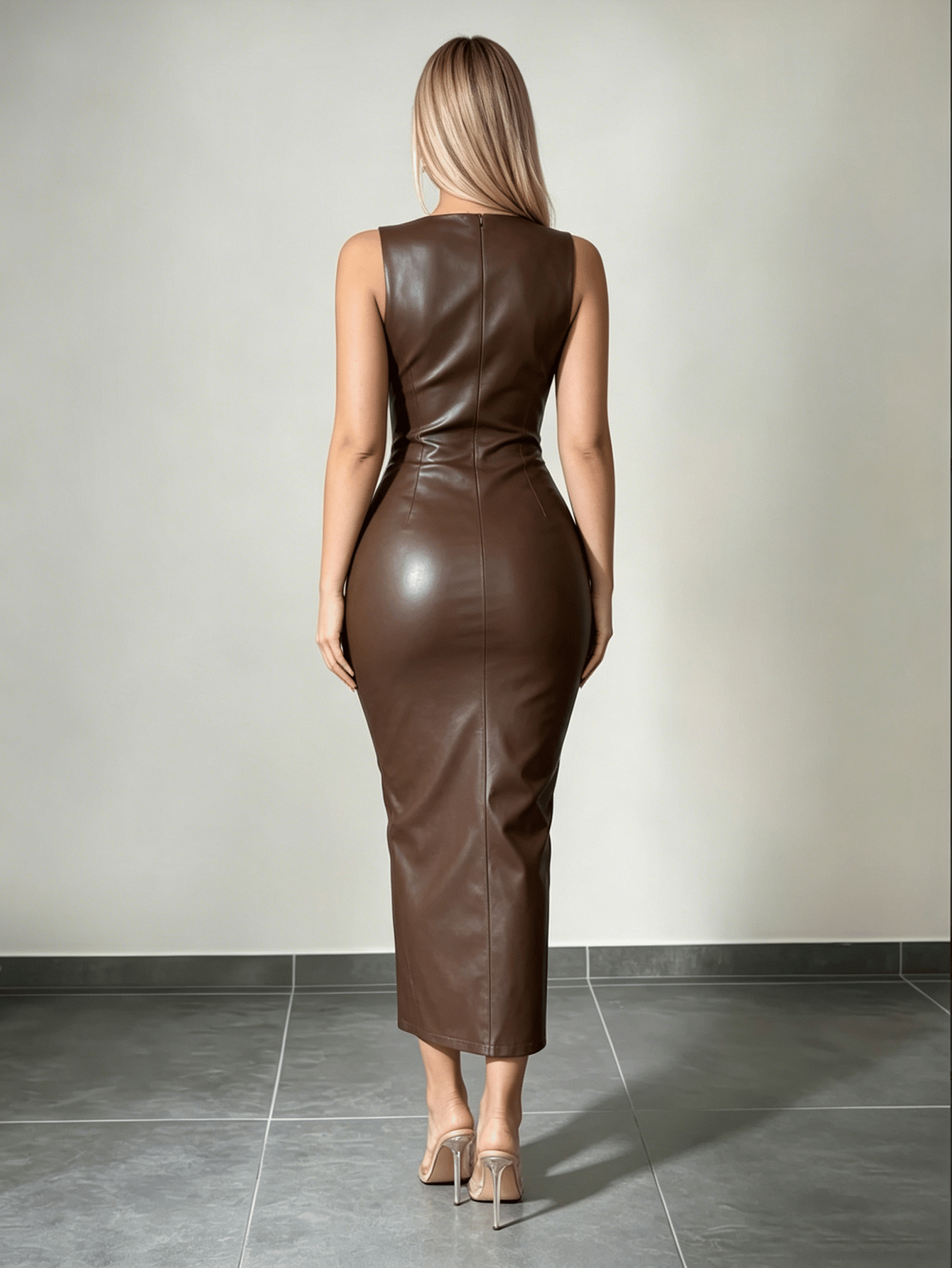 Chocolate Brown Faux Leather Bodycon Midi Dress