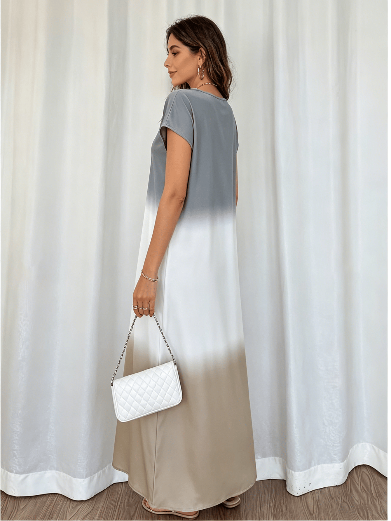 Ombre Print Short Sleeve A-Line Maxi Dress