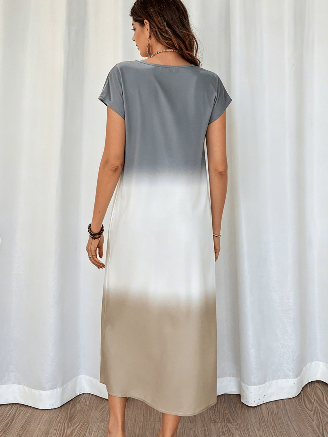 Ombre Print Short Sleeve A-Line Maxi Dress